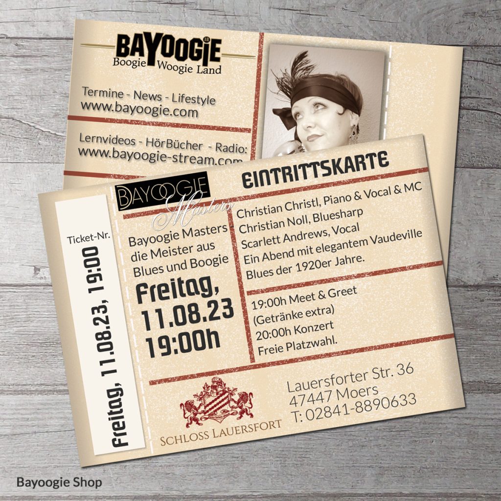 Freitag, 11.08.23
Bayoogie Masters Konzert
D-Moers - Schloss Lauersfort

Christian Christl & Christian Noll
Special-Guest: Scarlett Andrews

VVK 29,--; AK 35,--
B88 Bayoogie Fanclub: 24,--